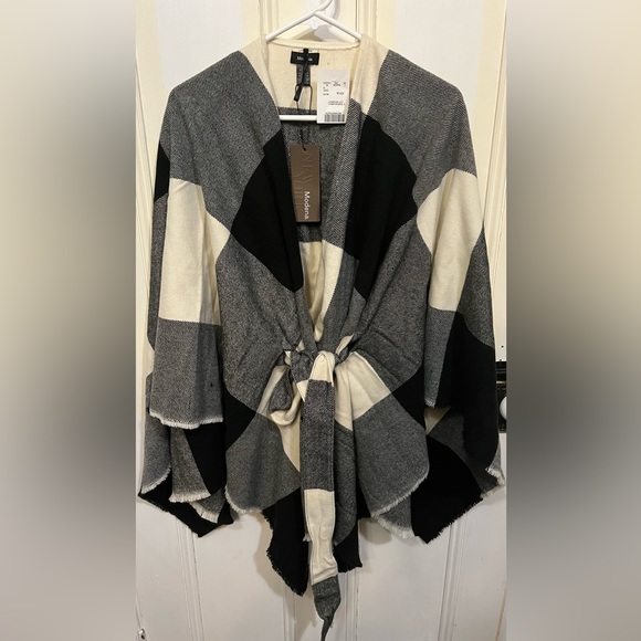 modena Sweaters - Modena l Black & White Tie Front Poncho